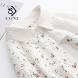 New Women Floral Print Cotton White Shirt Full Sleeve Button Up Casual Pockets Patchwork Blouse Spring Girl Sweet Tops