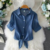 White Shirt Female 2020 Summer New Korean Loose Bowknot College Style Short Sleeve Striped Blouse Women Tops Large