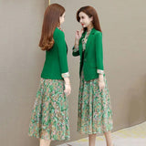 Floral Dress Suits Women Chiffon 2 Piece Sets Korean Unlined Blazer Outfits Tank Print Dresses Tracksuit Boho
