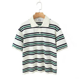 Fongt Women's Summer New Vintage Clammed Cotton Striped Polo T-Shirt T-Shirt