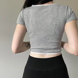 Y2k Vintage Crop Top Lace Patchwork Square Collar Short Sleeve Skinny T-shirt Women Casual Summer Tees 2000s Basic Shirt-Outfit