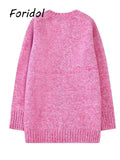 Knitted Pink Pullovers Sweater Female Vintage Solid V Neck Sweater Jumper Autumn Winter Tops Casual Cozy Sweater