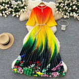 Fongt Women's Niche Elegant Dress New Hollow Nail Ball Neck-To-Celing Waist-Print Folding Long Skirt
