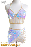 Fish Scale Sequins Two Piece Set Sexy Hollow Out Crop Top Link Chain Tassels Mini Skirts Outfits Summer Beach Matching