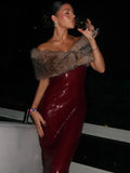 Burgundy Sequin Tube Maxi Dress With Off-shoulder Feather Shawl Set-Outfit