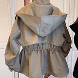 Autumn Oversized Casual Khaki Windbreaker Women Long Sleeve Drawstring Zipper