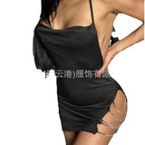 Dew-Back Hanging Neck Sexy V Hollow Open Forked Ass Skirt Chain Sling Hot Home Suit
