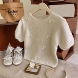 Fongt Chic Spring And Summer Little Bow Bow Short-Sleeved Collar Knitted Jersey Girl Spring Sweet Soft Foam Bubble Sleeve Top