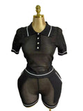 Fongt Hollow Knitted Two-Piece Collar Short-Sleeved Umbilled Blouse + High-Waisted Shorts Sports Leisure Set Spring New