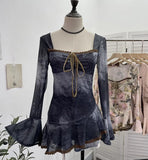 Fongt And Summer New French Style Tie Dyed Horn Long-Sleeved Lace Side Design T-Shirt 9980