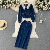 Fongt New Retro Suit Female Lace Doll-Collar Denim Jacket + Medium And Long Bag Hip Skirt Two-Piece