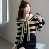 Women's Stripe Sweater Lace-ups Sweet Casual Knitted Long Sleeves Tops-Outfit
