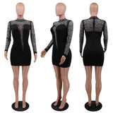 Mesh Patchwork Rhinestone Party Club Bodycon Mini Dress for Women Long Sleeve Elegant Birthday Night Sexy Tight Dresses-Outfit
