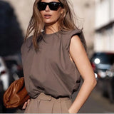 Summer Sleeveless T Shirts Women 2020 New Hot Elegant Cotton Tees Ins Design Chic Solid Brown Khaki Tops
