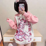 Sweet Cartoon Thin Pink Weatshirts Y2k E-Girl Long Sleeve Zipper Coat Women 2024 New Mid-length Loose Tops Mujer-Outfit