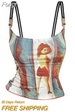 Slim Spaghetti Strap Camisole Graphic Print Tank Top Y2K Female Vintage Fashion Off Shoulder Vest Women's Crop Top