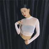 Fongt Elastic Tight Perspective Sexy Mesh Bottom Shirt Transparent Long Sleeve T-Shirt Women's Lace