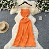 Fongt Dress Women 2025 New Gentle Wind Temperament Slings Waists Thin Vertical Knitted Dress Inside The Long Skirt