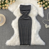 Fongt Thoracic Striped Knitted Dress Elastic Slimming Temperament High-End Ass Skirt