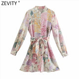 Women Elegant Pink Flower Print Breasted Shirtdress Female Long Sleeve Bow Sashes Vestido Chic A Line Mini Dresses
