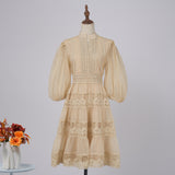 Fongt Dress Eugen Yarn Half-Open Lantern Sleeve Middle Sleeve Dress Lace Lace To Receive Waist Skirt