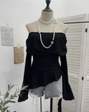 Fongt Ballet Style Shoulder Fold Texture Texture Coat Irregularly Ribbon Horn Sleeve Short Shirt 1158