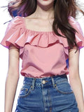 Fongt Leaf Side Pink Short-Sleeved Shirt Women 2025 Summer New Temperament Super Fairy Square Shirt French Top