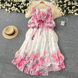 Fongt Spring Holiday Style Dress Woman 2025 New Shoulder Strapped Belt Waist Lantern Sleeve Print Chiffon Long Skirt