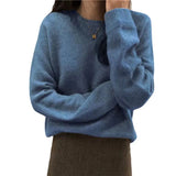 Fongt New 2023 Autumn And Winter Pure Color Shows Thin Knit Bottom Shirt Soft Wind Soft Round Collar Jacket Versatile Loose Sweater-Outfit