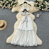 Fongt Holiday Suit Female Summer Sexy Hanging Neck V Neck Bare Back Chiffon Top High Waist Half Skirt Suit