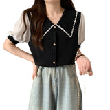 Goods Temperament Doll Collar T-Shirt Women's Summer New Splicing Head Chiffon Temperament Waist Short-Sleeved