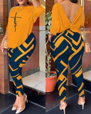 Autumn New Women's Fashion Leisure Bare-Back Printed Trousers Suit-Outfit