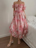 French Style Holiday Floral Long Dress Vintage Slash Neck Puff Sleeve Maxi Dresses For Women 2022 Summer Beach