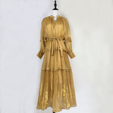 Fongt Temperament Dress 2025 New V-Neck Lantern Sleeves Folded Long Silk Dress Dress