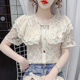 Embroidery Lace Chiffon Blouse Women 2023 Fashion Beading Shirt Tops Ruffles Korean Floral Peter Pan Collar Clothes