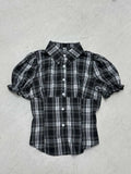 Fongt College Style Retro Check-Colored Bubble Sleeves Slim Slim Collar Buckle Short-Sleeved Shirt T-Shirt