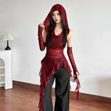 Fongt New Halloween Cos Red Collar Hooded T-Shirt Women's Lotus Side Irregular Sleeves Thin Top