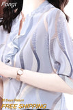 Temperament Elegant Fashion V-neck Ruffles Printing Shirt New Summer Chic Woman Blouse Half Sleeve Office Wear Women's