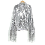 Silver Tassel Sequin Jacket Retro Long-sleeved Silver Reflective Jacket Women Outwear Tops Sequin Coat