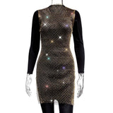 Fongt Women's Mesh Flash Diamond Round Collar Dress