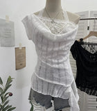 Fongt Shooting Lace Splicing Collar Hanging Neck-Sleet T-Shirt Woman Xia Repair Short Irregular Drifting Clothes 9580