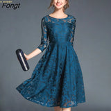 han queen Autumn Lace Dress Work Casual Slim Fashion O-neck Sexy Hollow Out Blue Red Dresses Women A-line Vintage