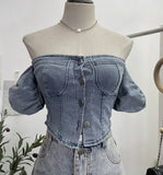 Real Shot Shoulder Bubble Short Sleeves Denim Shirt Design Hot Girl Collar Small Short Top