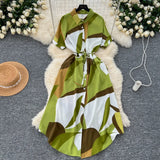 Fongt Short-Sleeved Dress Women Autumn Polo Tie Straps To The Waist Design Small Chic Temperament Long Dress