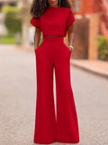 Women Pants Sets 2022 Female Casual Solid Color Round Neck Short Sleeve Tops High Waist Zipper Pants Office Long