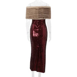 Burgundy Sequin Tube Maxi Dress With Off-shoulder Feather Shawl Set-Outfit