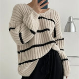 New 2022 Vintage Chic Striped Pullovers Elegant Lady Oversized Wild Women Spring Autumn Sweaters Knitted Tops