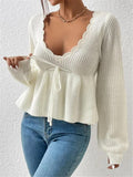 Fongt V-Neck Drawstring With Lotus Leaf-Side Skirt Knitted Head Sweater