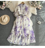 Fongt Style Retro Temperament Short-Sleeved Clapping Single-Dran A-Word Print 100-Fold Shirt Dress Summer