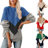 Fongt 2023 Ladies Splice Color Long Sleeved Round Neck Top Sweater Knit